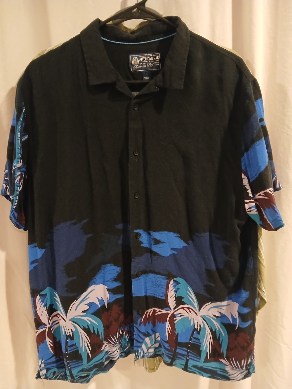 American Rag Black and Blue Palm-Print Short-Sleeve Button-Up Shirt